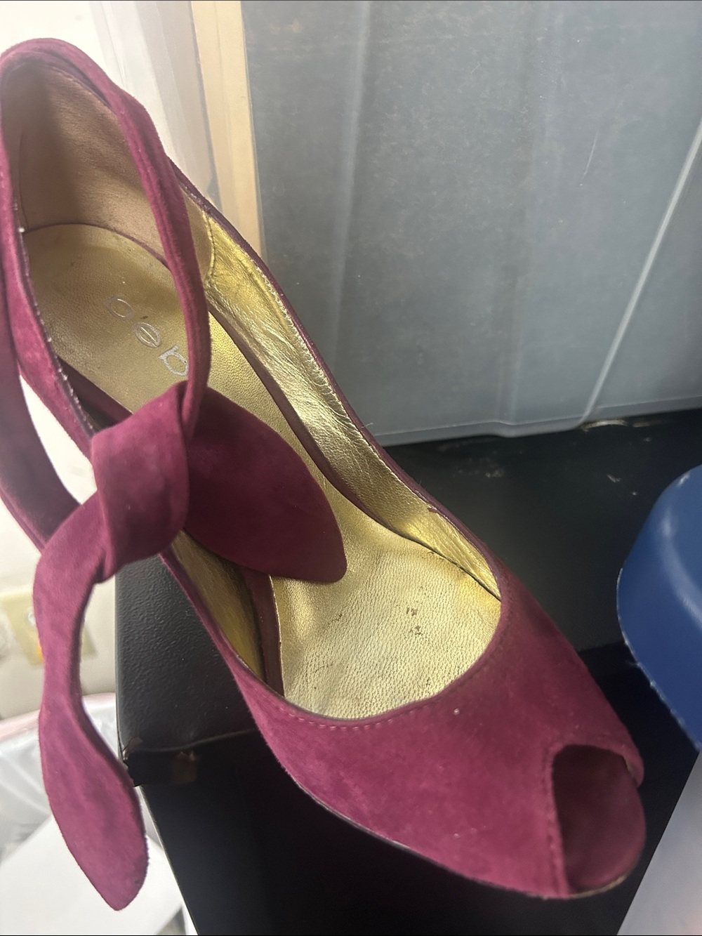 bebe Plum Suede Peep-Toe Heels with Bow
